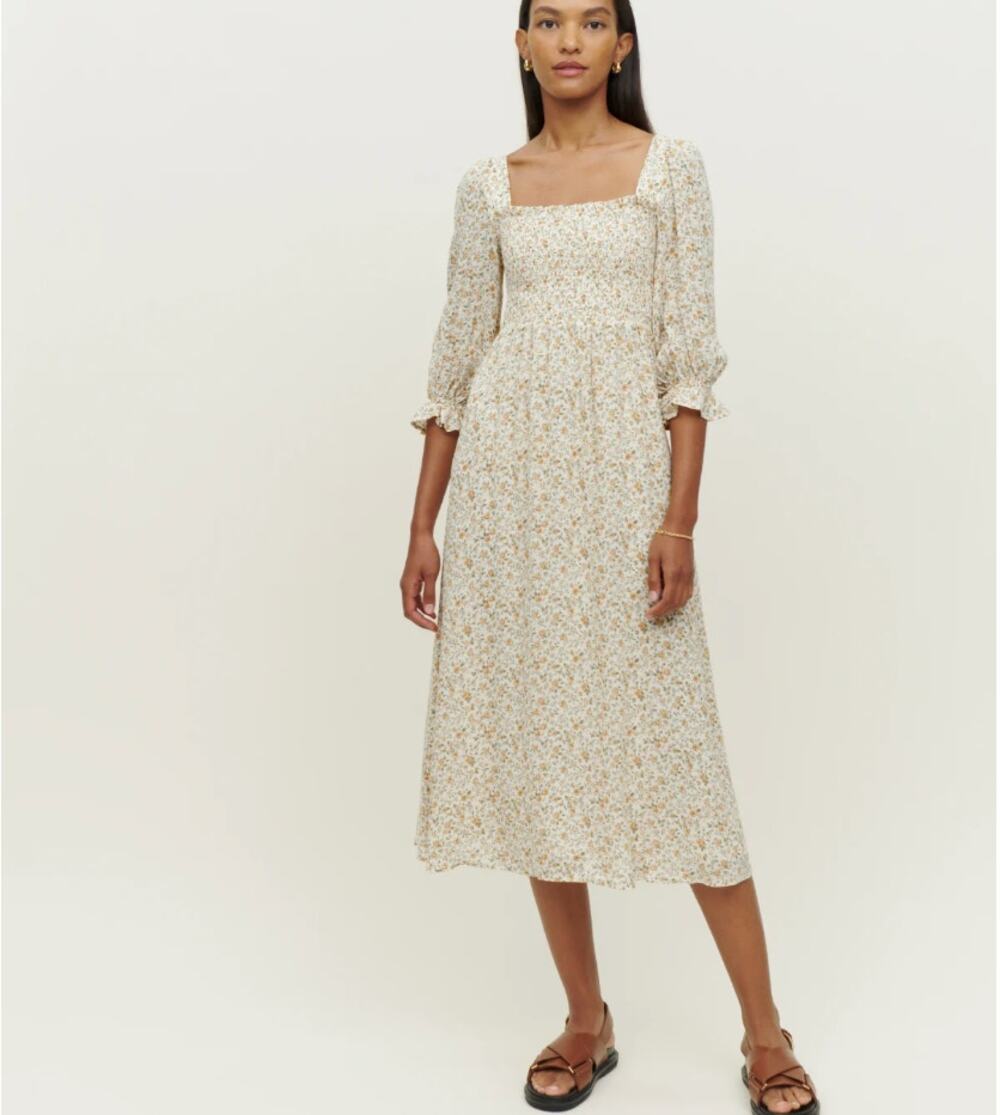 NWT Reformation Fable Floral Print Midi Dress Square Neck Puffy Sleeves Sz M